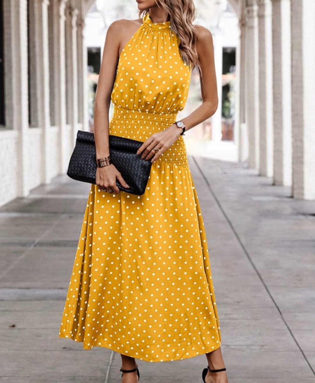 knee length dresses for ladies From The Top Yellow Polka Dot Midi Dress – Shop the Mint main image 1